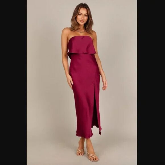Petal & Pup Vienna Strapless Berry Satin Ruffle Side Slit Midi Dress L - Picture 6 of 15